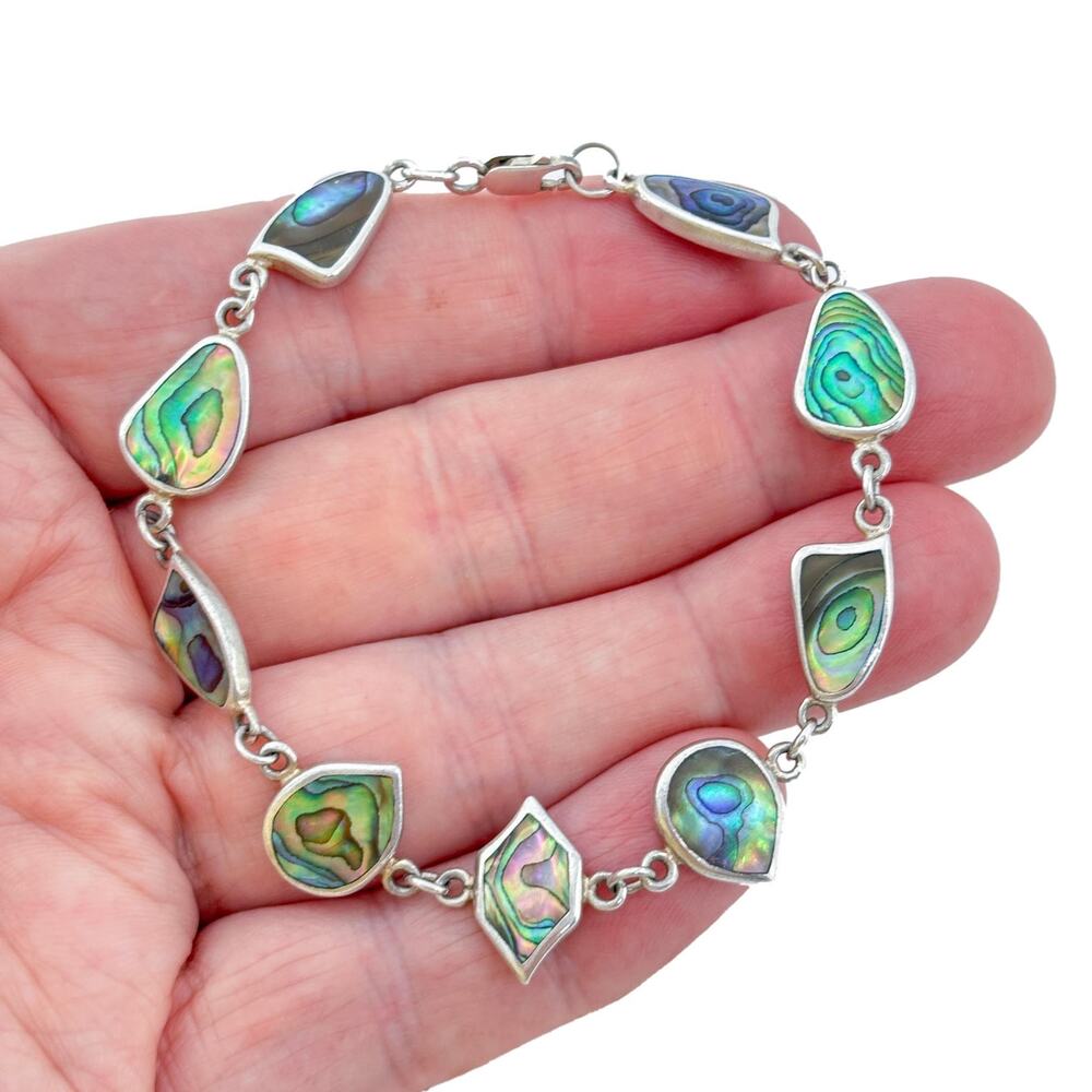 Vintage Sterling Silver 925 Abalone Link Bracelet 8"